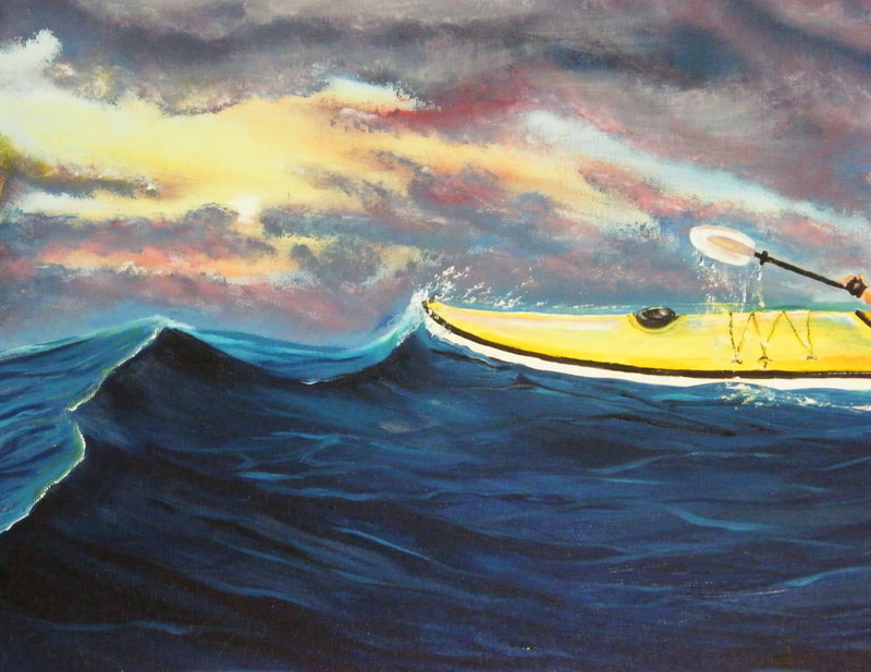 yellow kayak, dark ocean, sunset, storm brewing